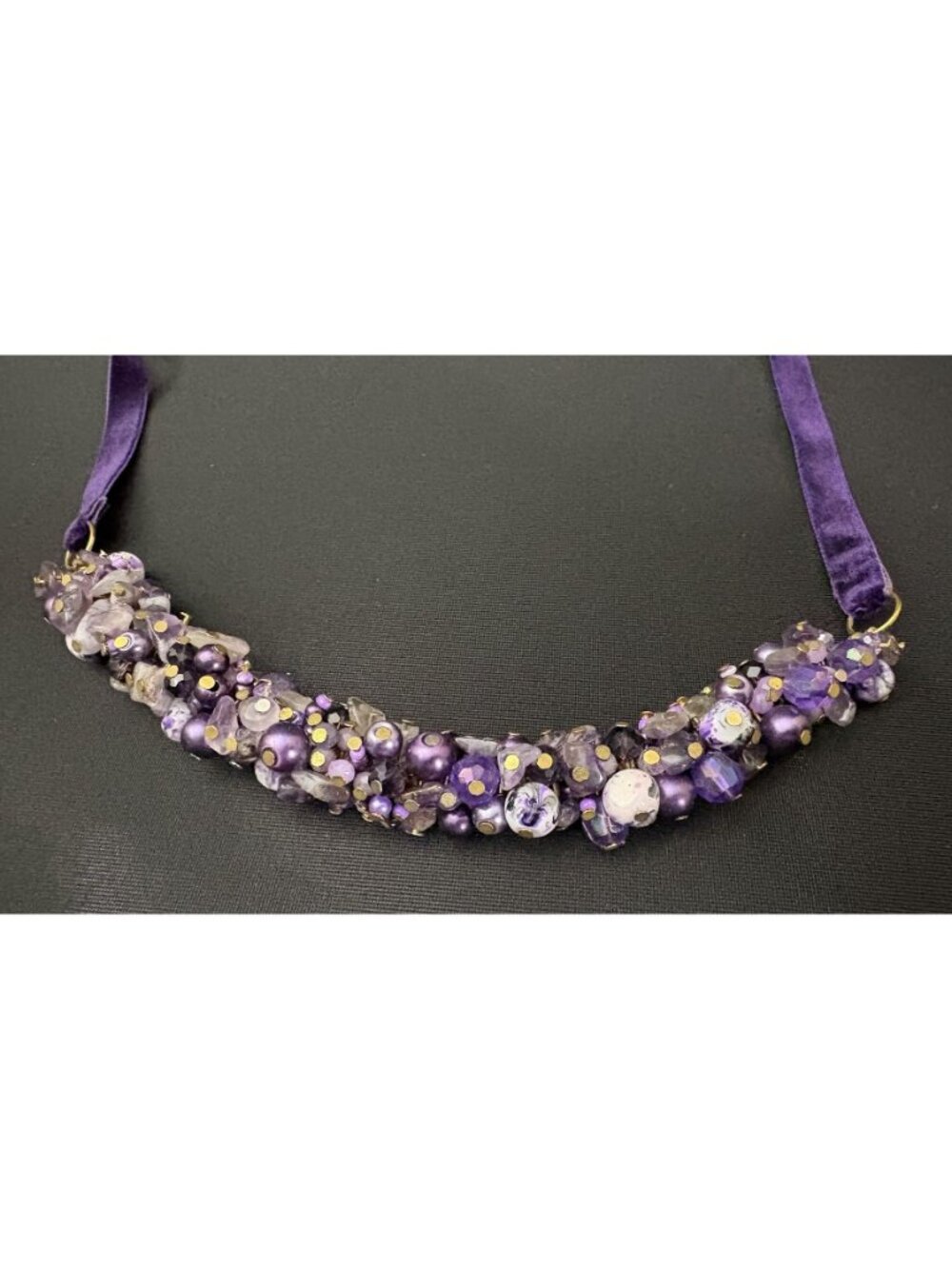 Amethyst Stone Necklace Faux Pearls Beaded Cluster Purple Velvet Handcrafted - Picture 5 of 6